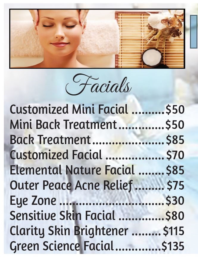 Facial service options and prices at Milton Massage