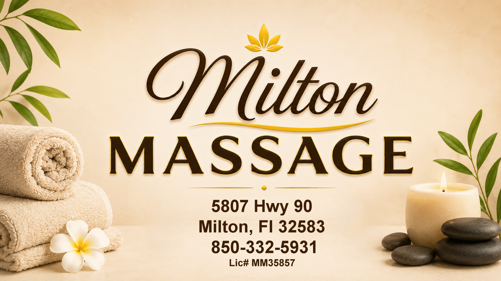 Milton Massage, 5807 Hwy 90, Milton, FL 32583, 850-332-5931, Lic# MM35857